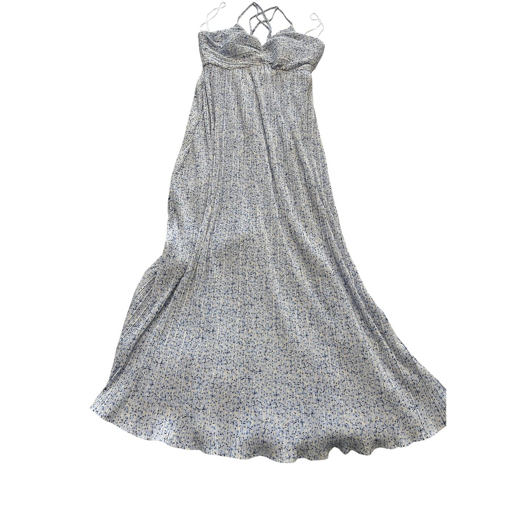 A New Day Dress Womens Small Light Blue Pleated Maxi Ditsy Floral Lined Strappy